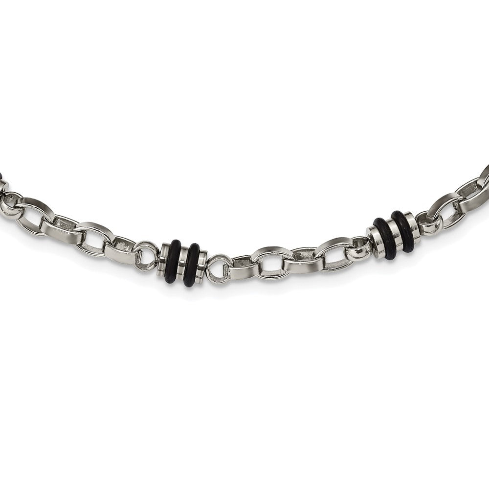 Stainless Steel Polished w/Black Rubber Barrel Link 22in Necklace