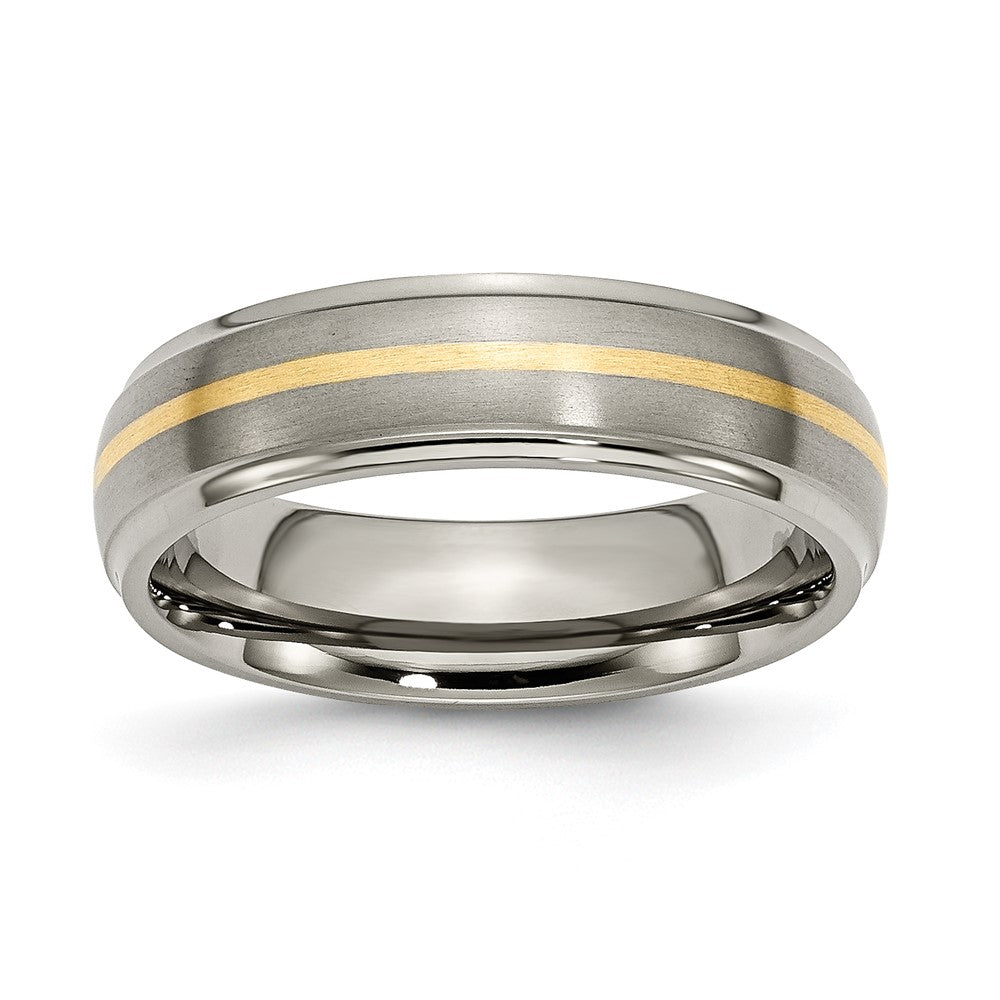 Titanium Brushed Center w/14k Yellow Inlay 6mm Ridged Edge Band Size - 7.5