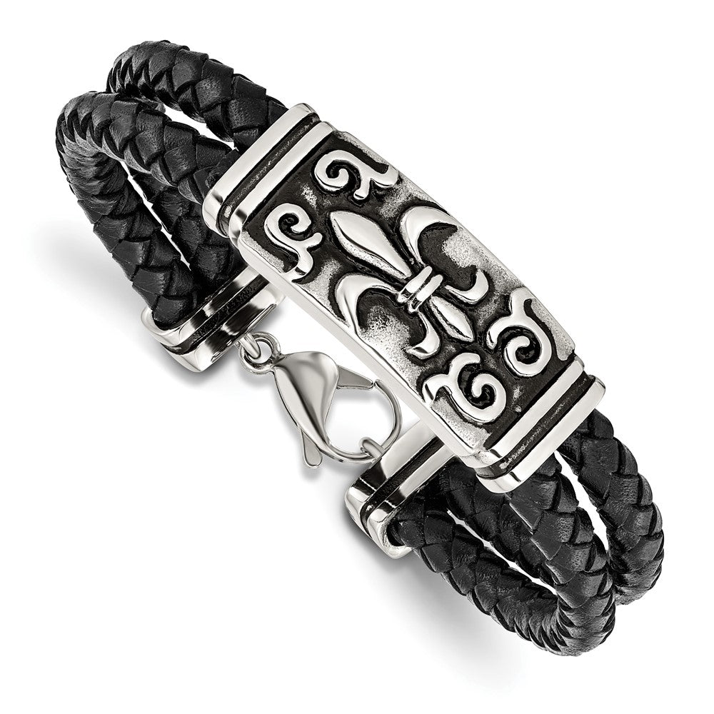 Stainless Steel Antiqued & Polished Fleur De Lis Black Leather Bracelet 8.5 inches