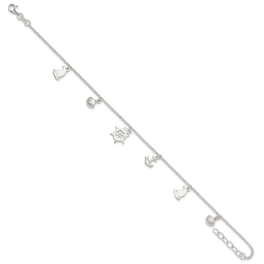 Sterling Silver Polished Ocean Theme 9in Plus 1in Ext. Anklet 9 inches