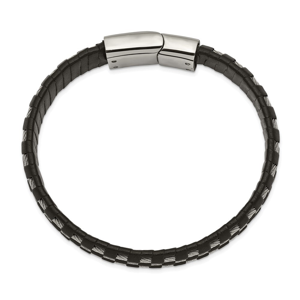 Stainless Steel Polished Black Leather and Wire 8.5in Bracelet 8.5 inches