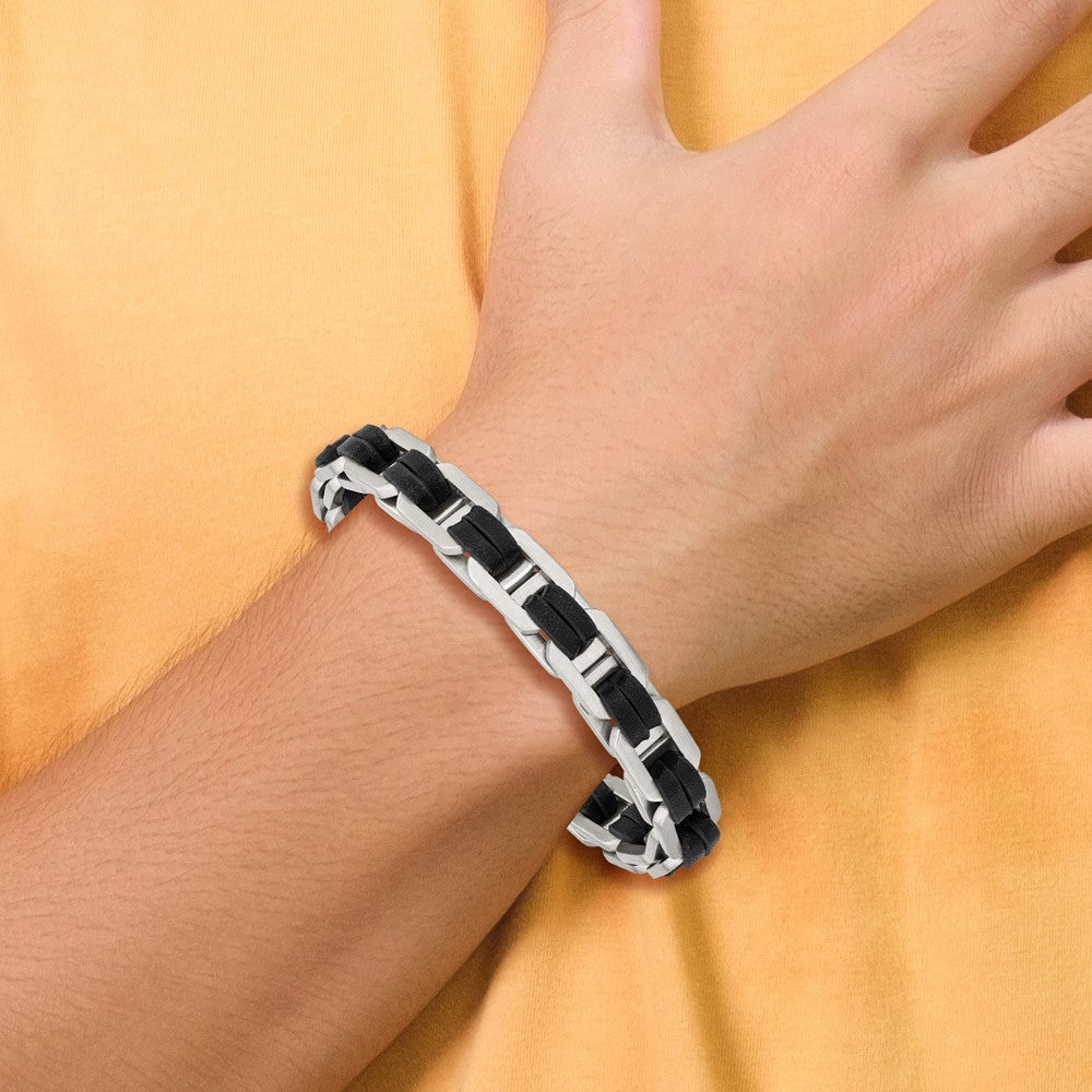 Stainless Steel Brushed with Black PU Leather 7.75in w/.5in ext Bracelet 7.25 inches