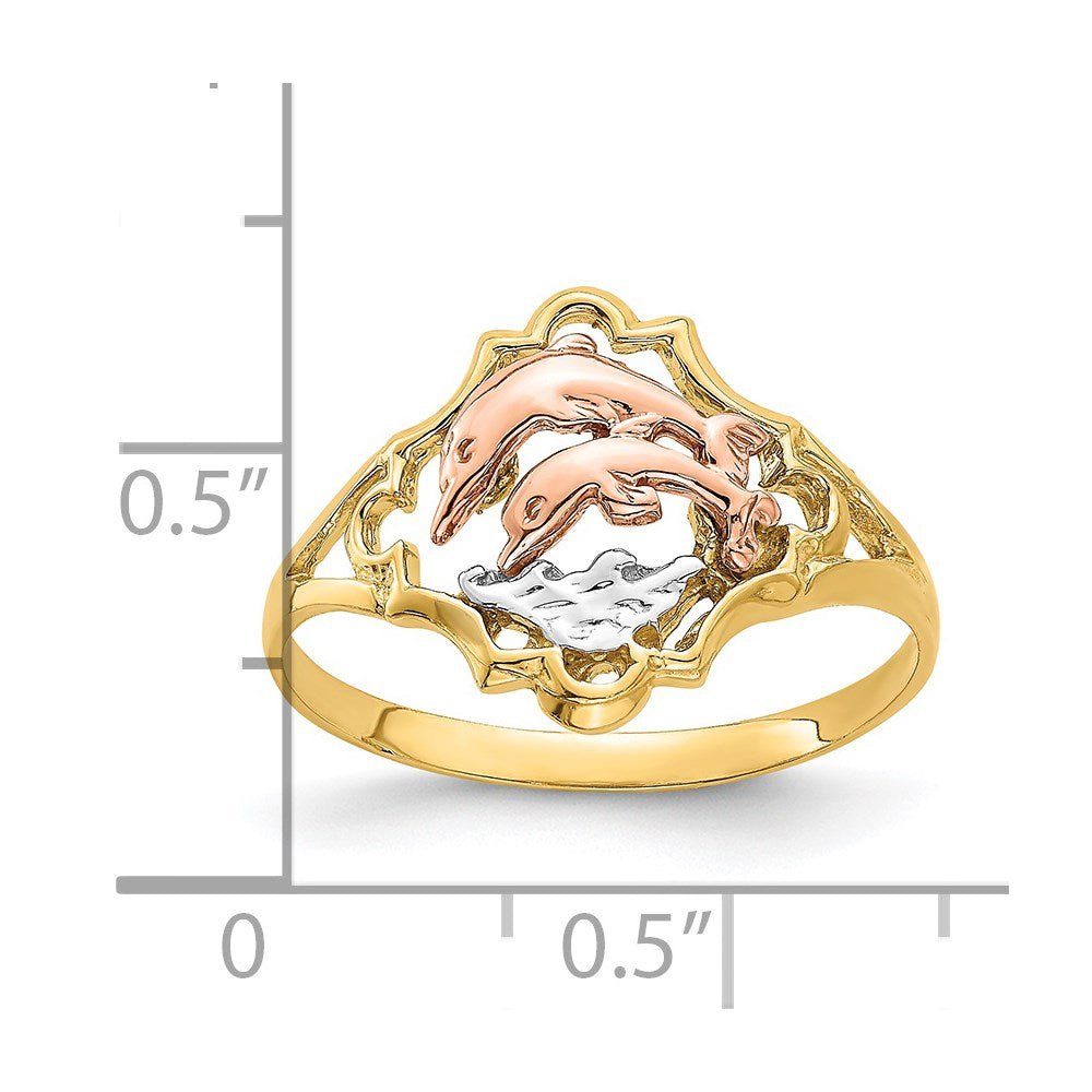 14K Yellow and Rose Gold W/Rhodium Double Dolphin Ring Size 6