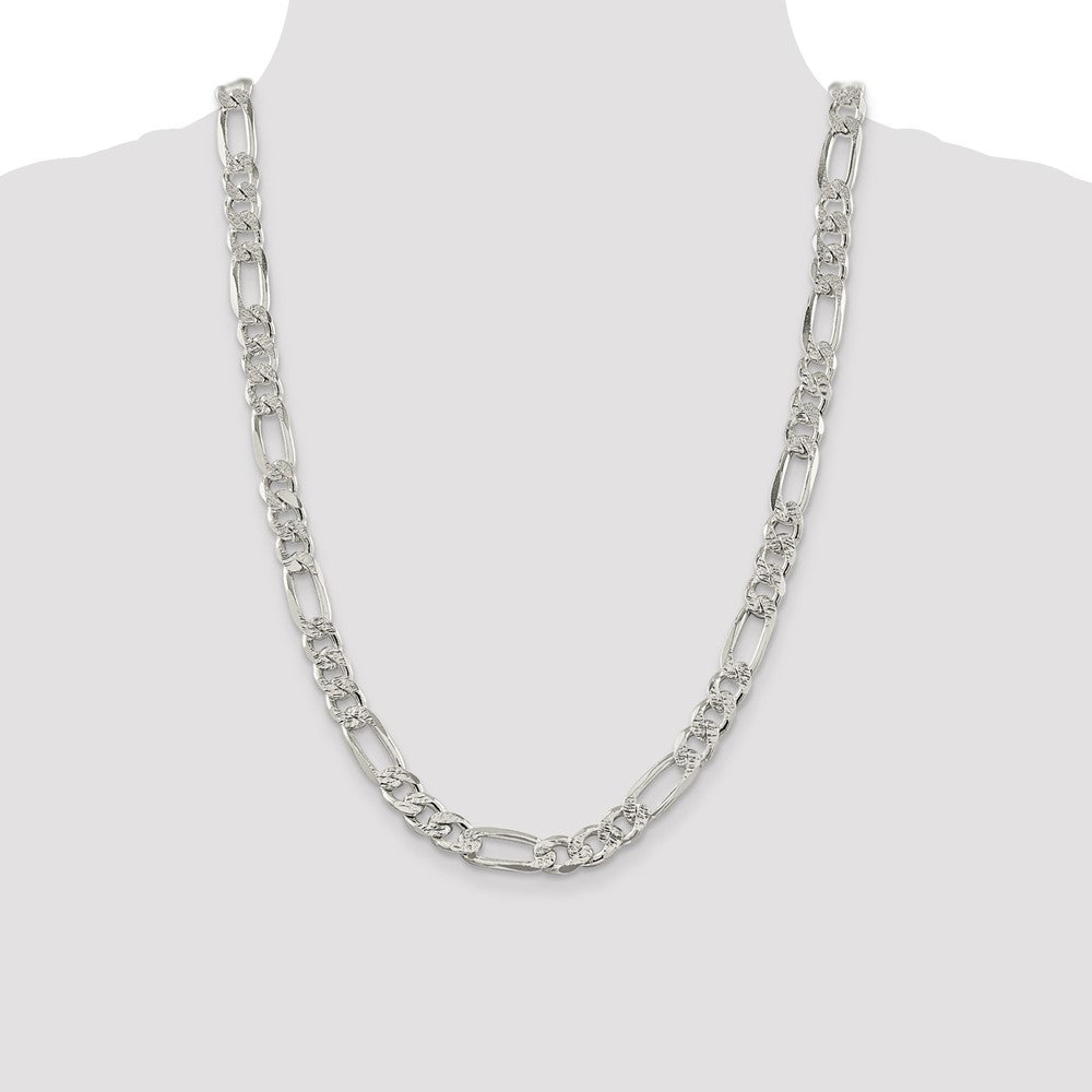 Sterling Silver 9.5mm Pav‚ Flat Figaro Chain 24 Inches