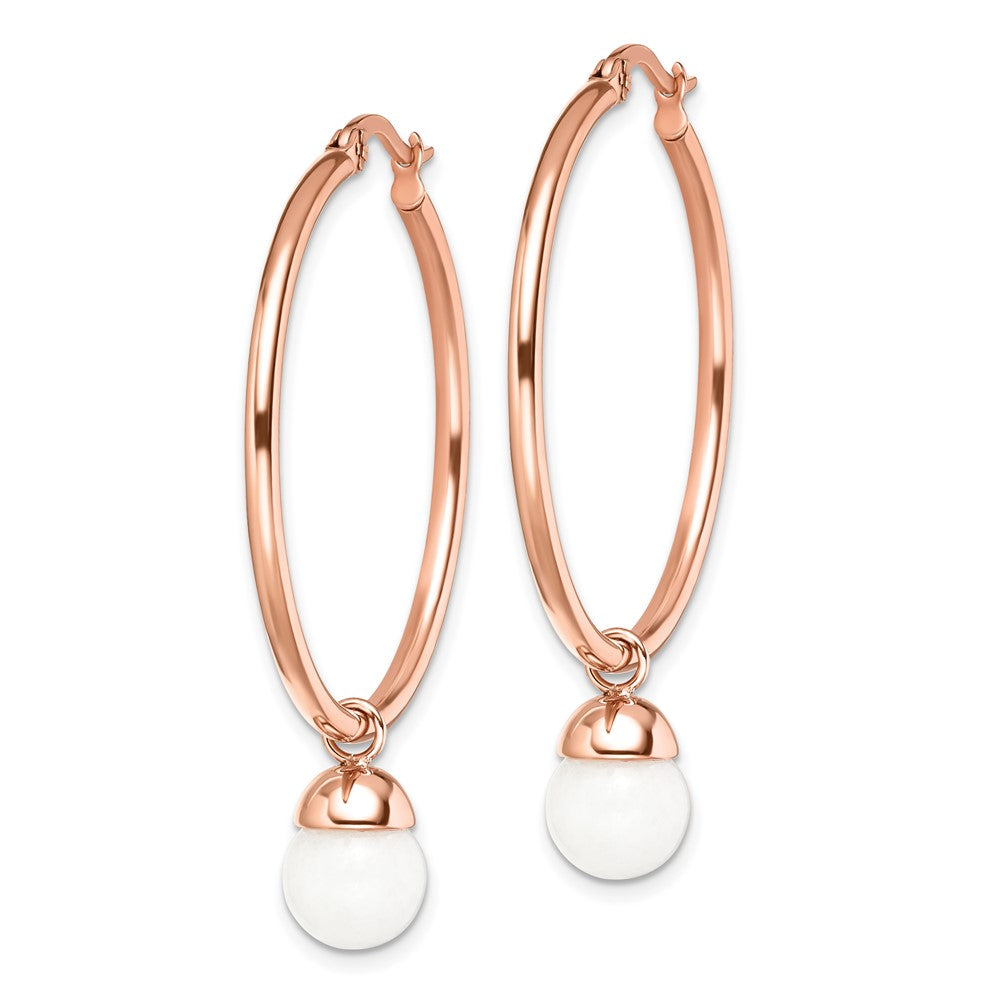 Stainless Steel Polished Rose IP-plated White Jade Dangle Hoop Earrings