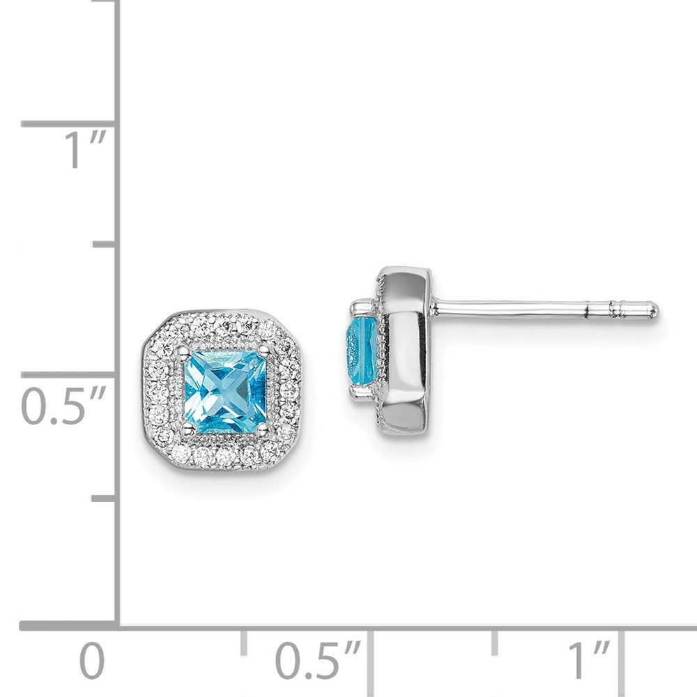 Sterling Silver Rhodium Plated Square Light Blue and Clear CZ Post Earrings