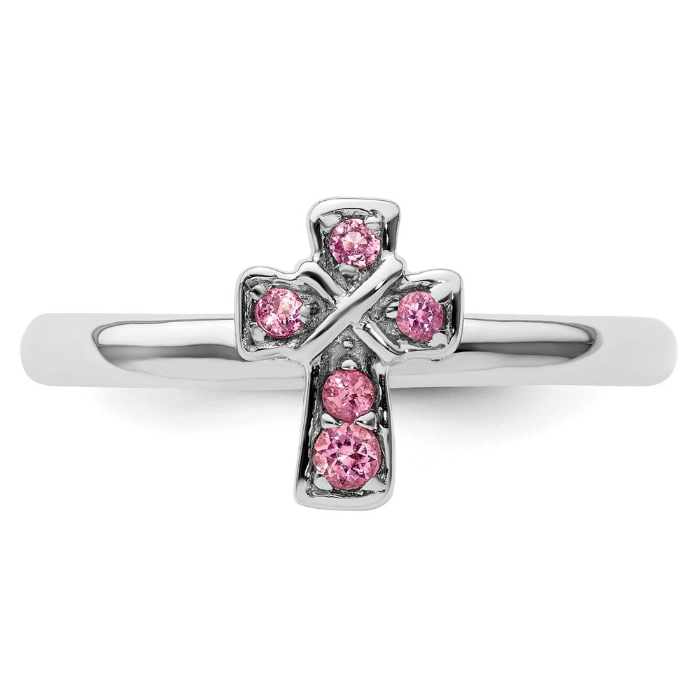 Sterling Silver Stackable Expressions Rhodium Pink Tourmaline Cross Ring Size -5