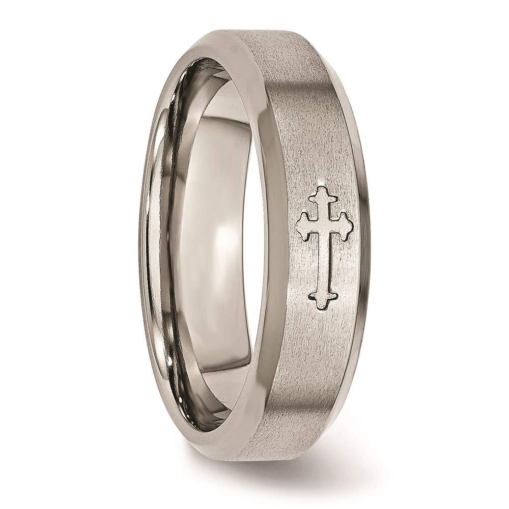 Titanium Brushed Center Cross Design 6mm Beveled Edge Band Size - 8