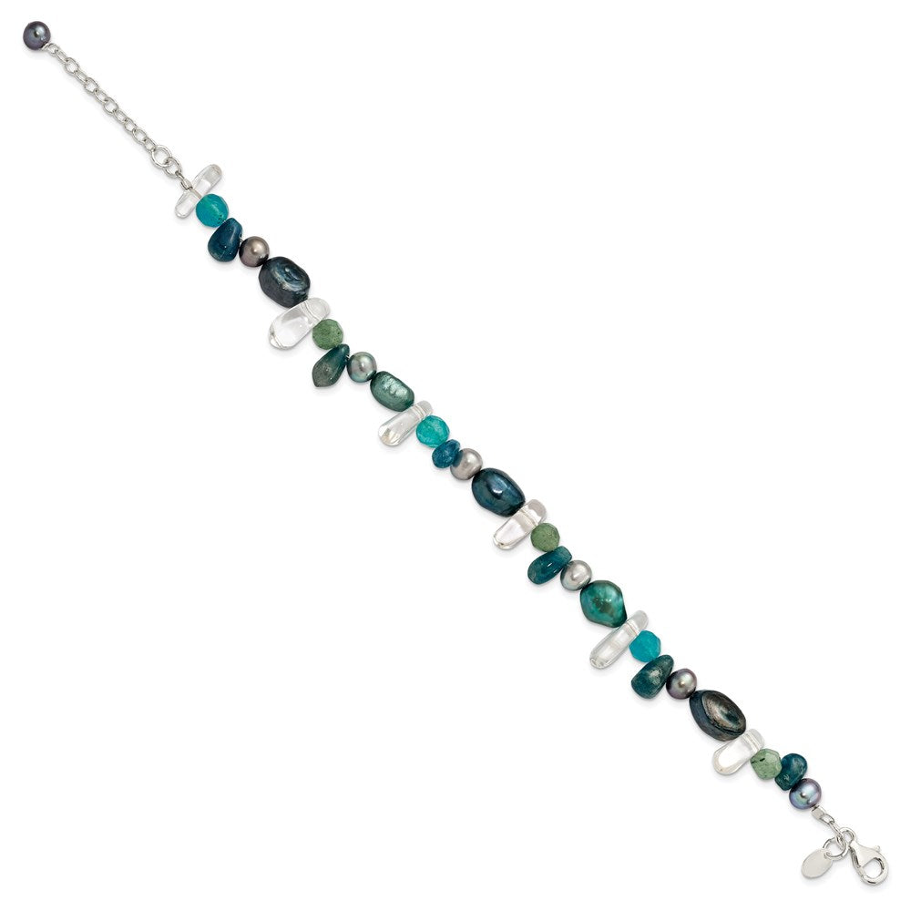 Sterling Silver Aventurine, Synthetic Blue Quartz/FWC Pearl Bracelet 7.75 inches