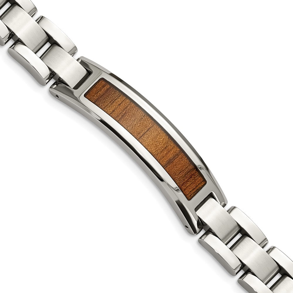 Stainless Steel Brushed & Polished Enameled w/Koa Wood Inlay Bracelet 8.5 inches