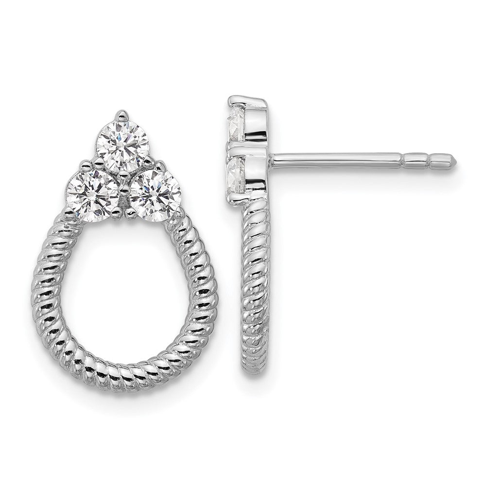 Sterling Silver Rhodium-plated Three CZ Textured Loop Post Earrings