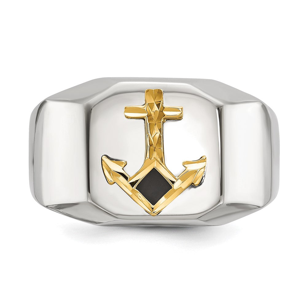 Chisel Stainless Steel Polished with Diamond-cut 14K Gold Accent Anchor with Black Enamel Signet Ring Size - 10