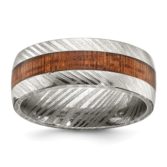 Damascus Steel Polished with Sapele Wood Inlay 8mm Band Size - 9.5