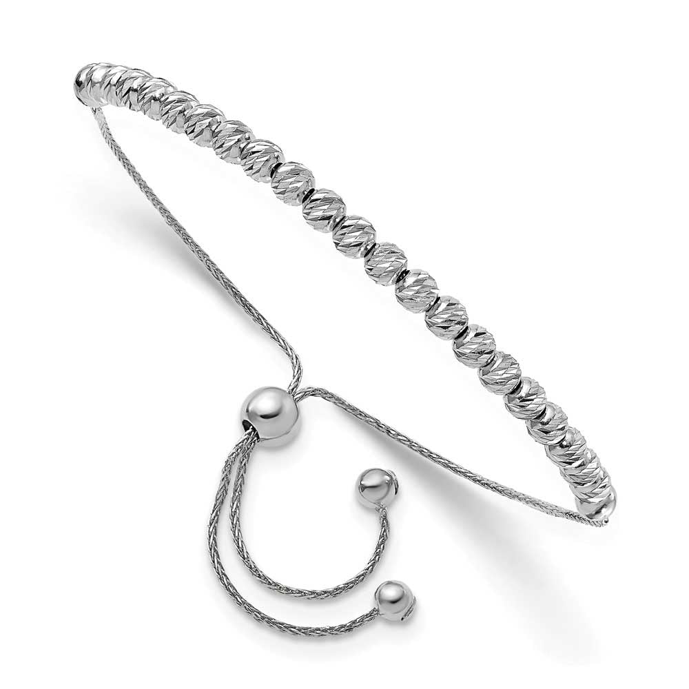 14K White Gold Polished D/C Beaded Bolo Adj. Bracelet