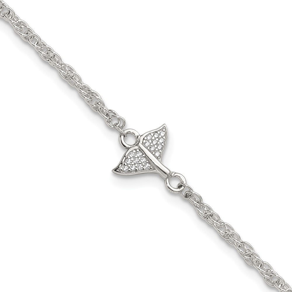 Sterling Silver Polished White CZ Whale Tail 9 inch with 1 inch Extension Anklet