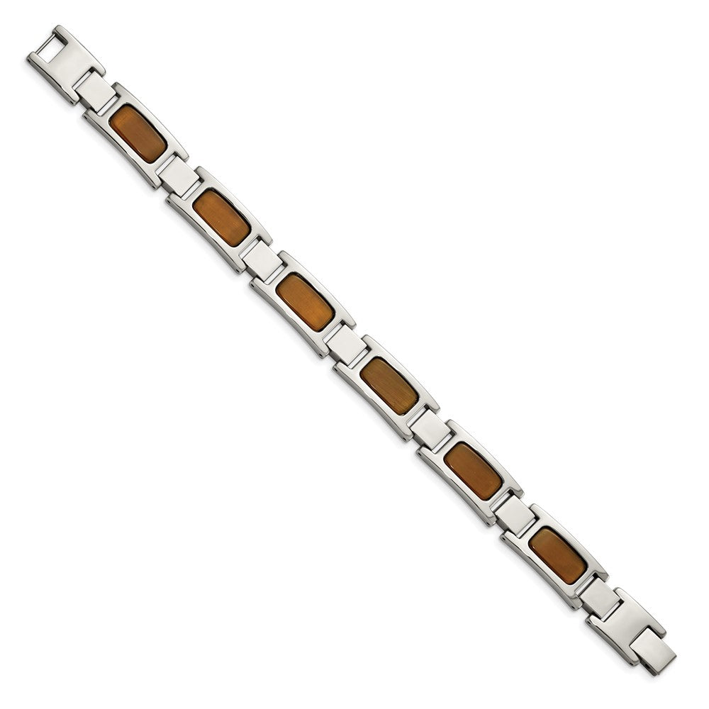 Stainless Steel Polished with Tiger's Eye Inlay 8.5in Bracelet 8.5 inches