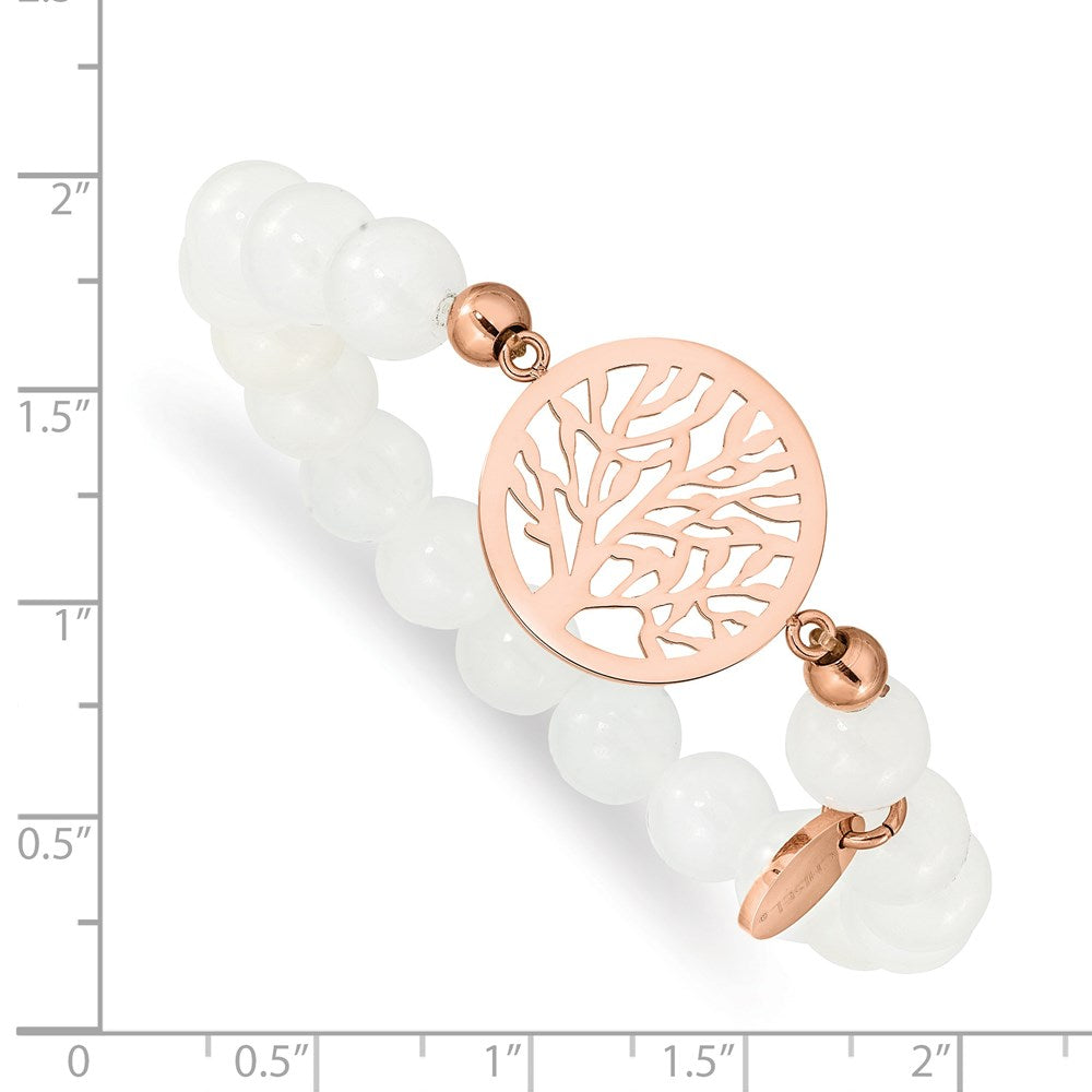 Stainless Steel Polished Rose IP-plated Tree White Jade Stretch Bracelet 6 inches