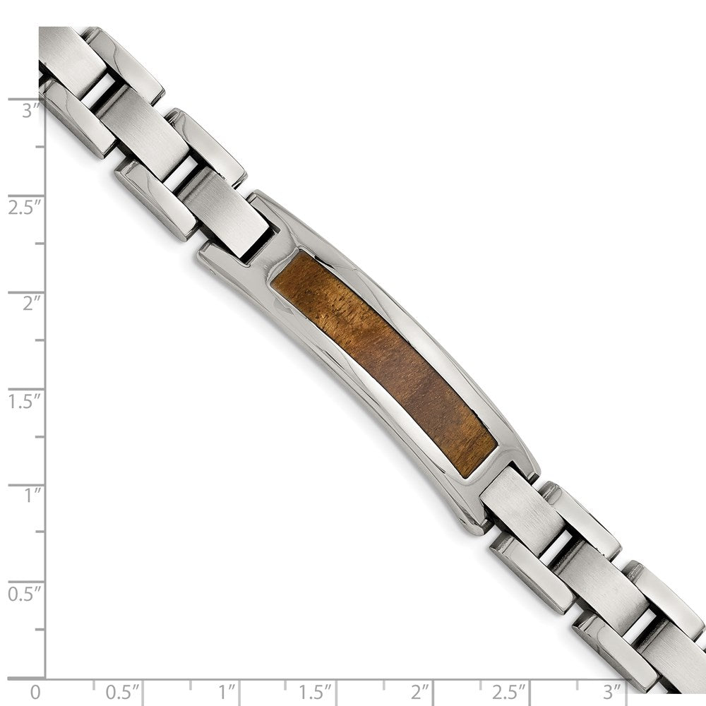 Stainless Steel Brushed & Polished Enameled w/Koa Wood Inlay Bracelet 8.5 inches