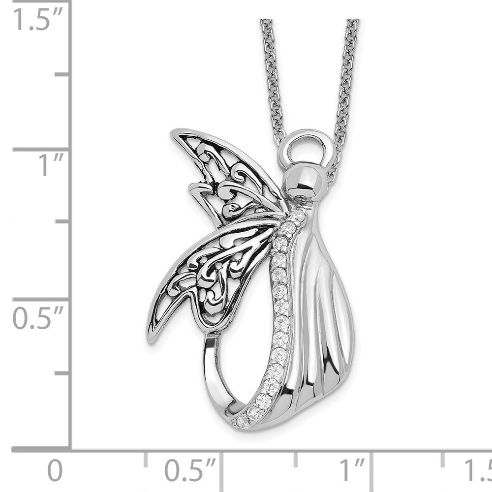 Sentimental Expressions Sterling Silver Rhodium-plated CZ Antiqued Angel of Perseverance 18in Necklace 18 Inches