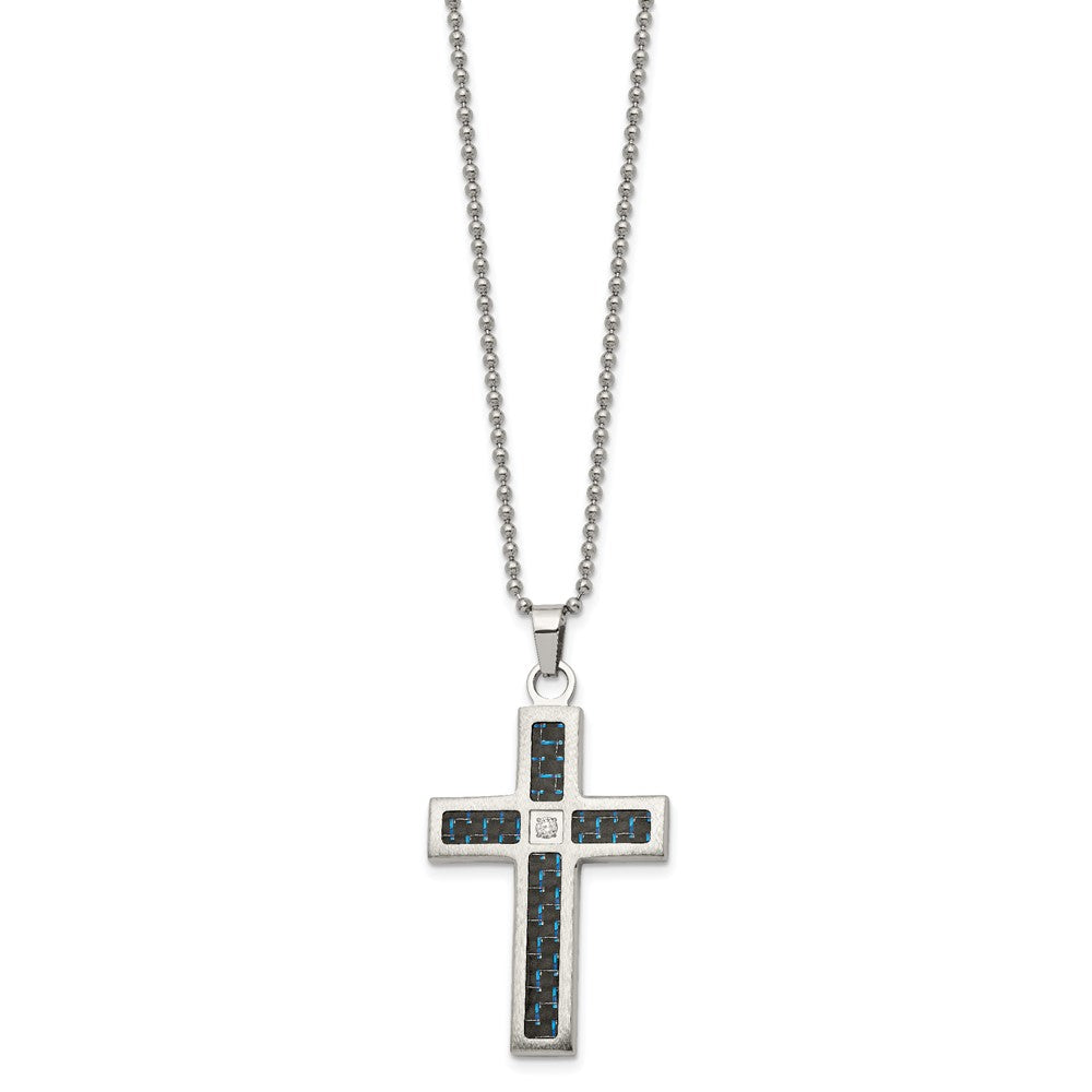 Stainless Steel Brushed/Polished Blk/Blue Carbon Fiber CZ Cross Necklace