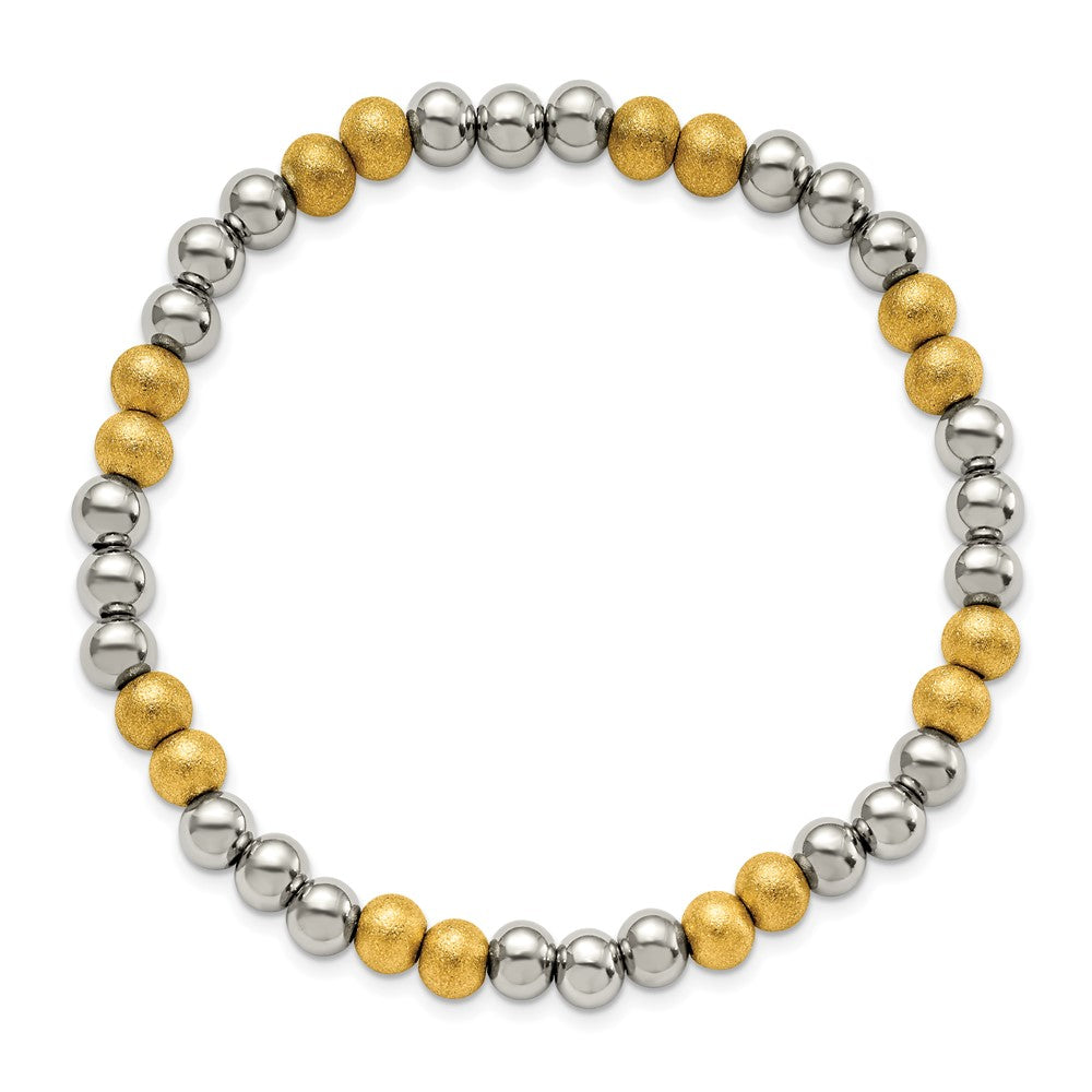 Stainless Steel Polished Yellow IP Sandblasted Beaded Stretch Bracelet 7.25 inches
