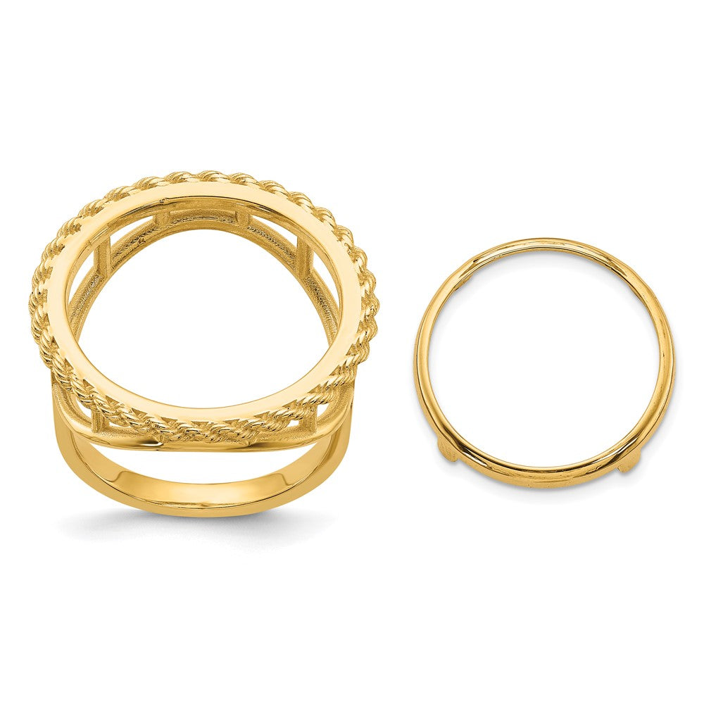Wideband Distinguished Coin Jewelry 14k Ladies' Polished and Textured Rope Edge 16.5mm Coin Bezel Ring