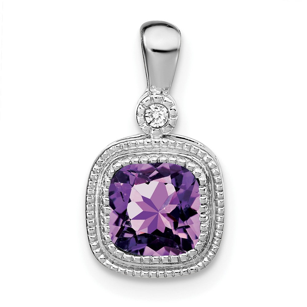 14k White Gold Cushion Amethyst and Diamond Pendant