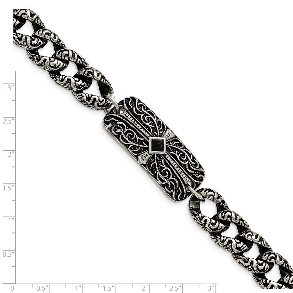 Stainless Steel Antiqued and Polished with Black Agate 9in Cross Bracelet 9 inches