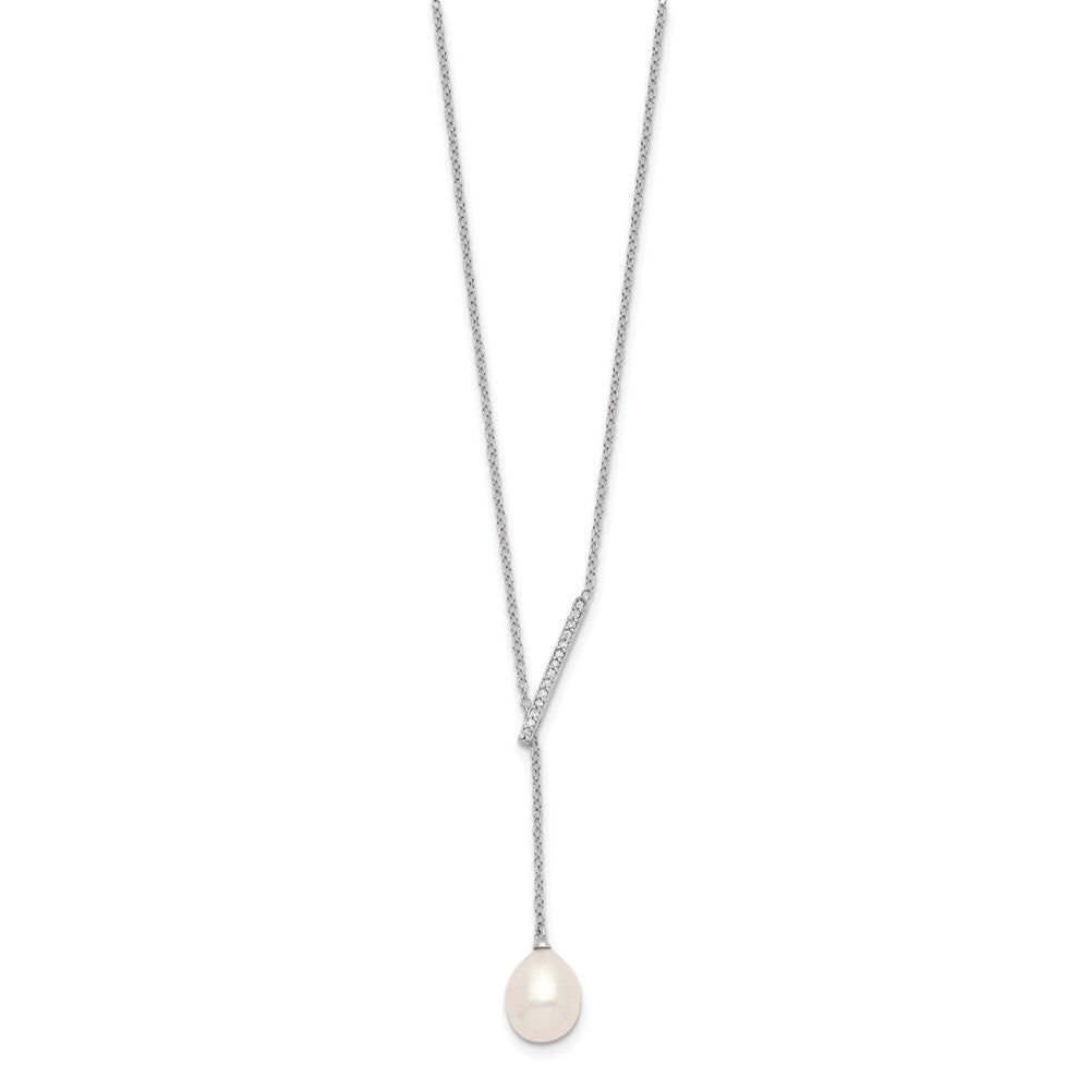 Sterling Silver Rhodium-plated CZ Bar/FWC Pearl w/2in ext Necklace 16 Inches