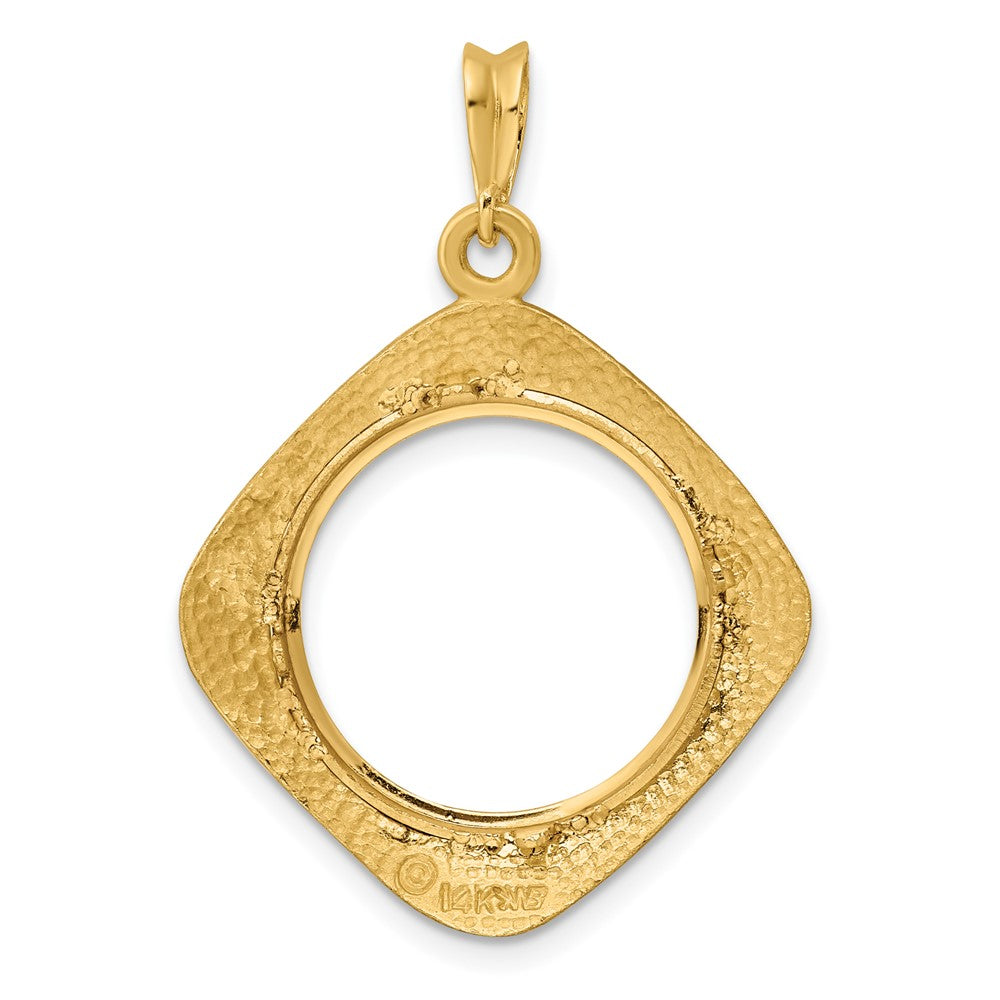 Wideband Distinguished Coin Jewelry 14k Polished Textured and Beaded Diamond Shaped 16.5mm Prong Coin Bezel Pendant