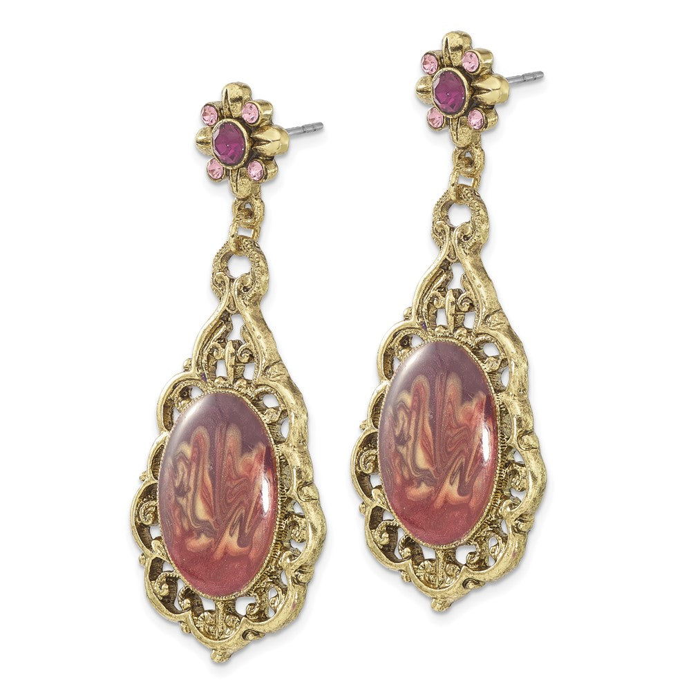 1928 Jewelry Brass-tone Filigree Frame Purple Crystal Oval Purple Enamel Teardrop Dangle Post Earrings