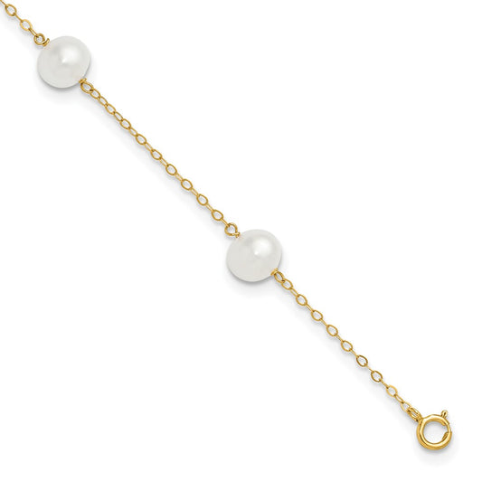 10k 7-8mm White Near-Round Freshwater Cultured Pearl 5-Station 9 inch Anklet