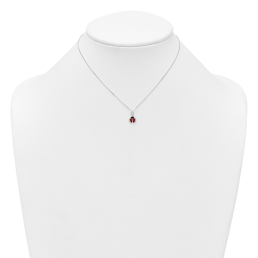 Sterling Silver Polished Red and Black Enameled Ladybug Childrens 14 inch Necklace and Post Earrings Set
