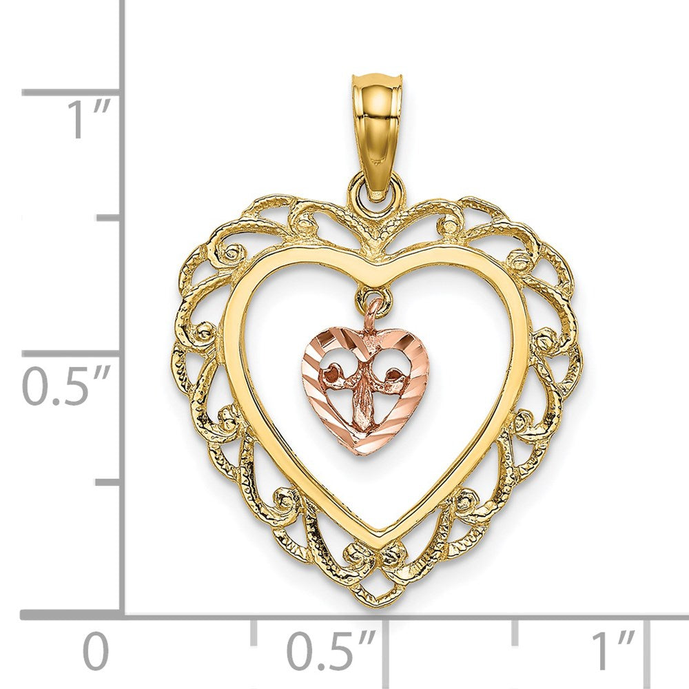 14k Two-Tone Diamond-cut Mini Heart In Center Heart Charm