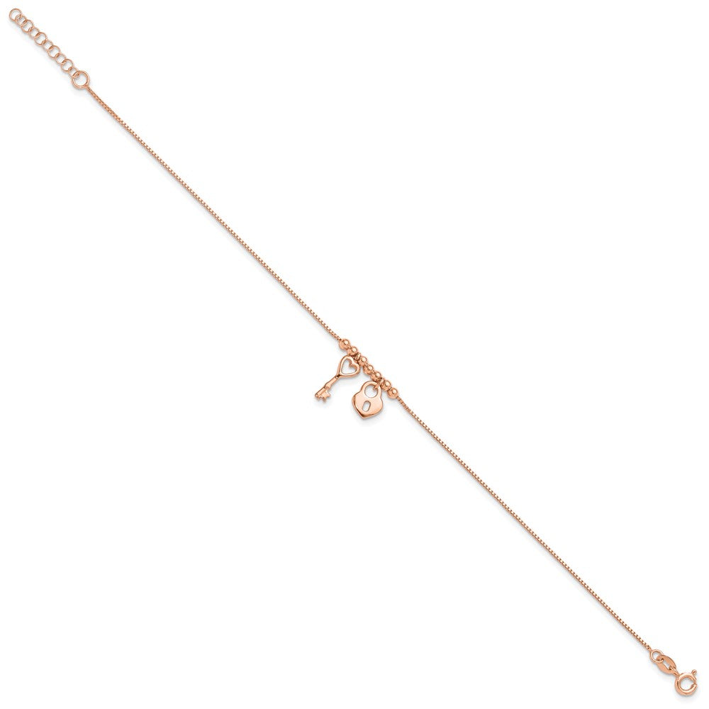 Sterling Silver Rose-tone Polished Heart Lock with 1in ext Anklet 9 inches