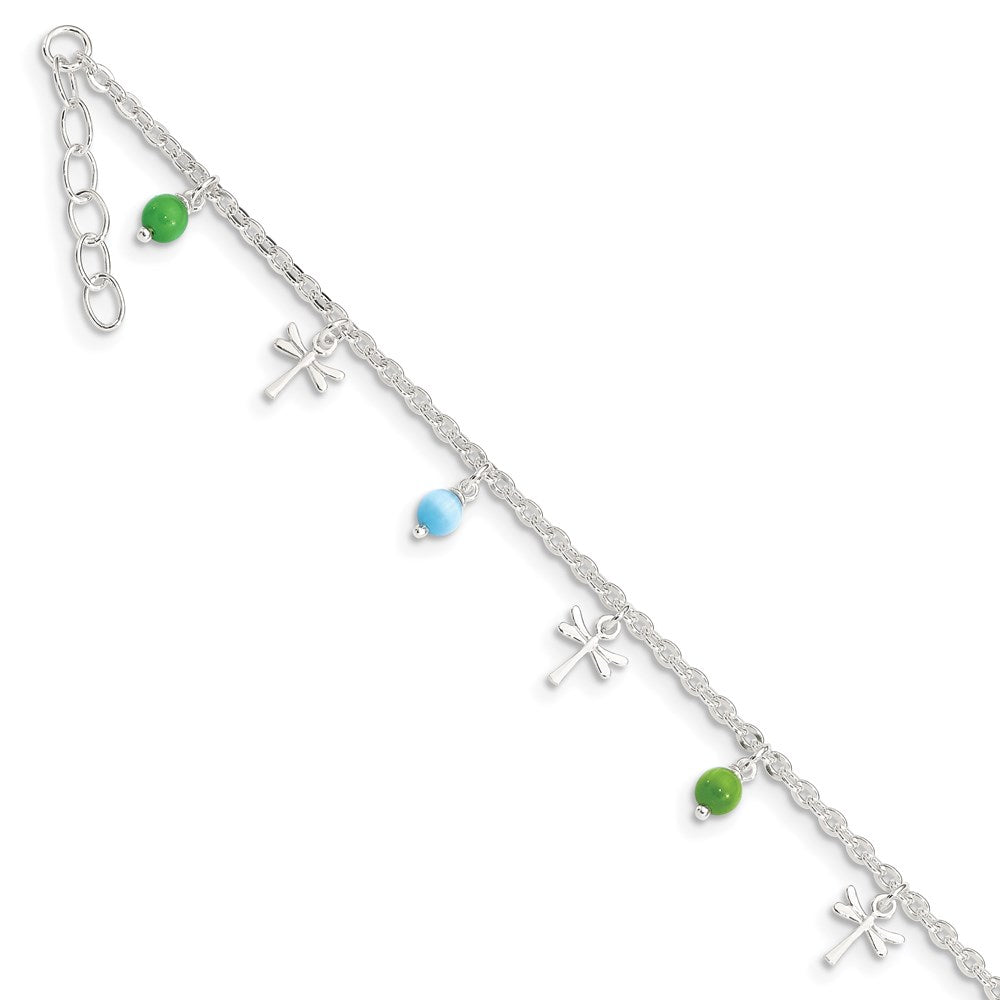 Sterling Silver Dragonfly with Aqua Green Beads with 1ext Anklet 10 inches