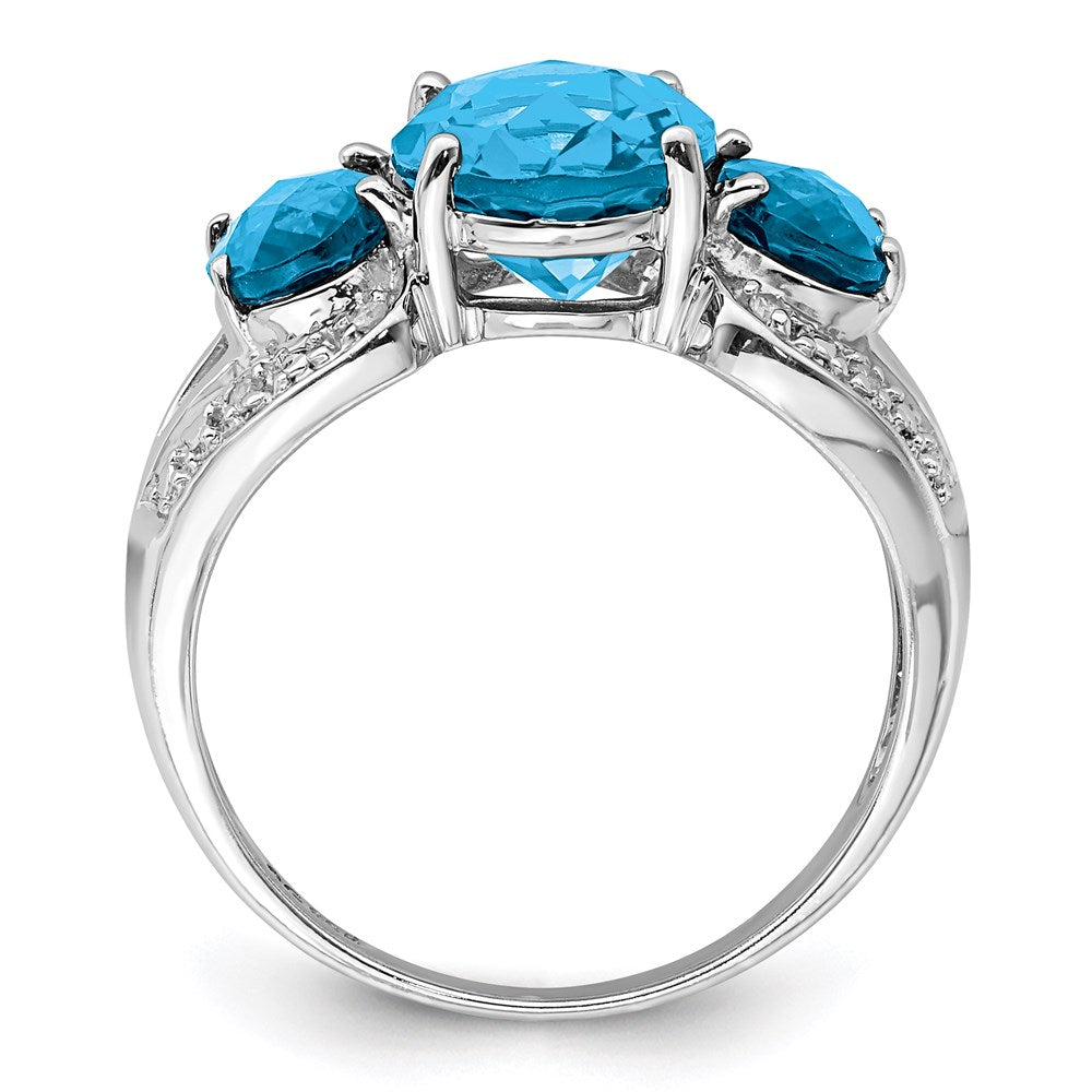 Sterling Silver Rhodium Oval Checker-Cut Blue Topaz & Diam. Ring