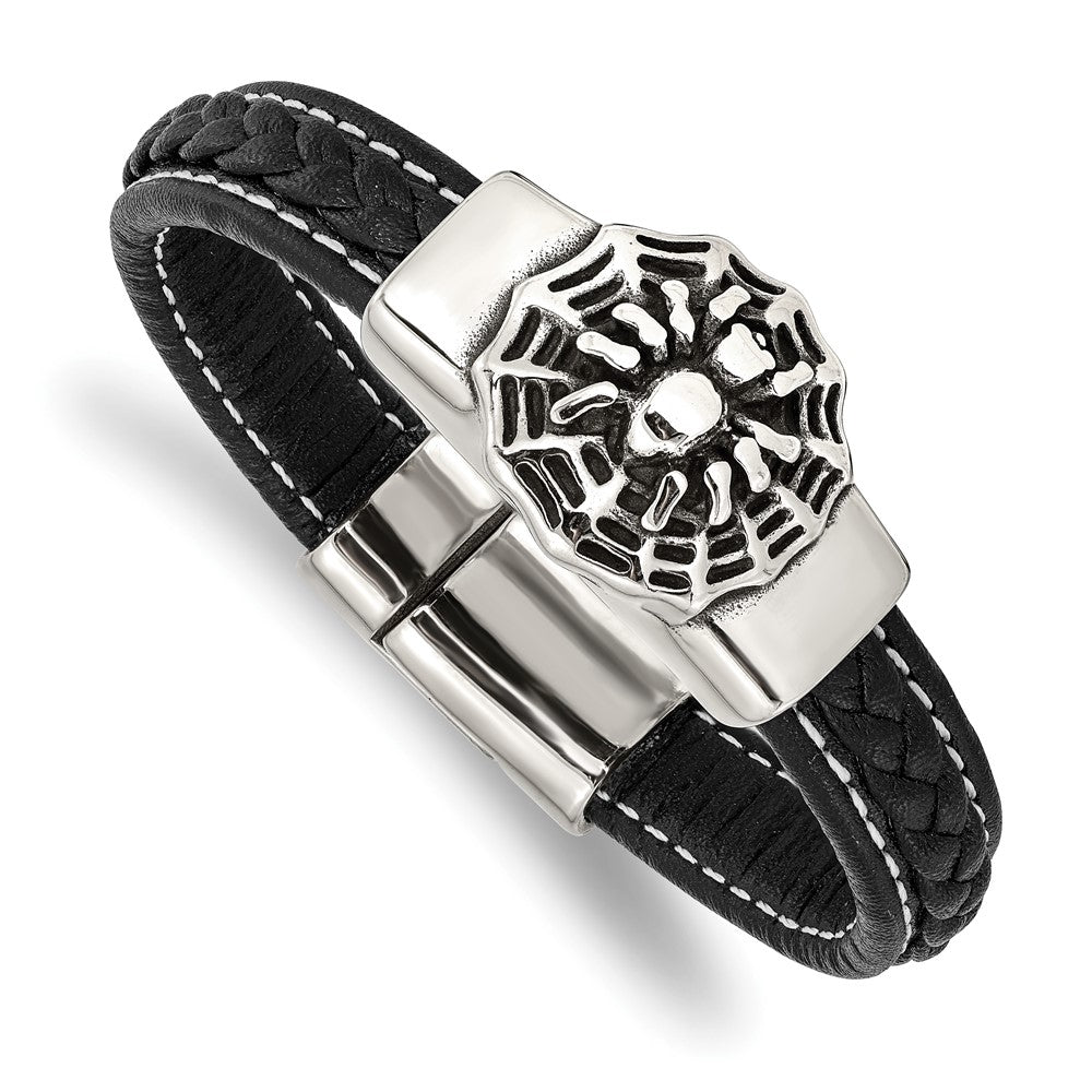 Stainless Steel Antiqued & Polished Spider Blk Faux Leather 8.5in Bracelet 8.5 inches