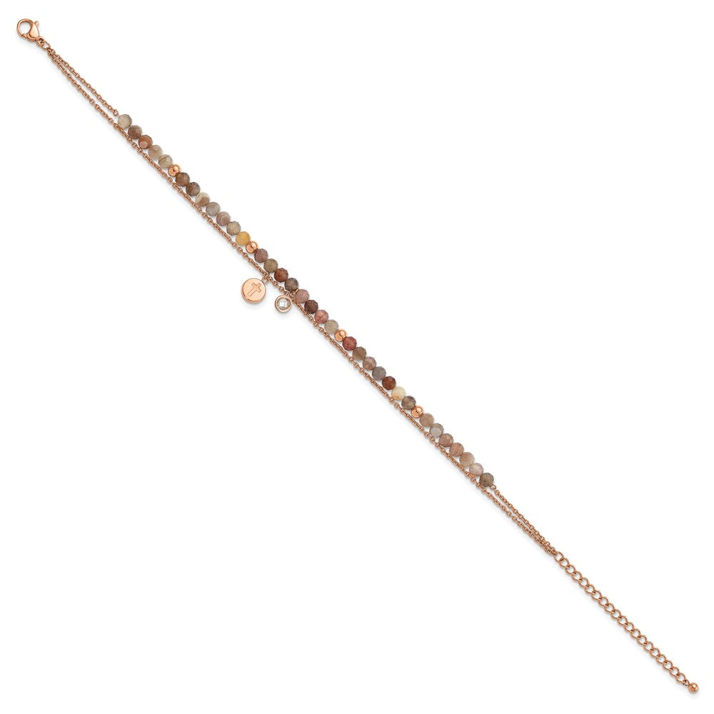 Stainless Steel Rose IP Crystal/Imit Sardonyx Cross 9in Plus 2in ext Anklet