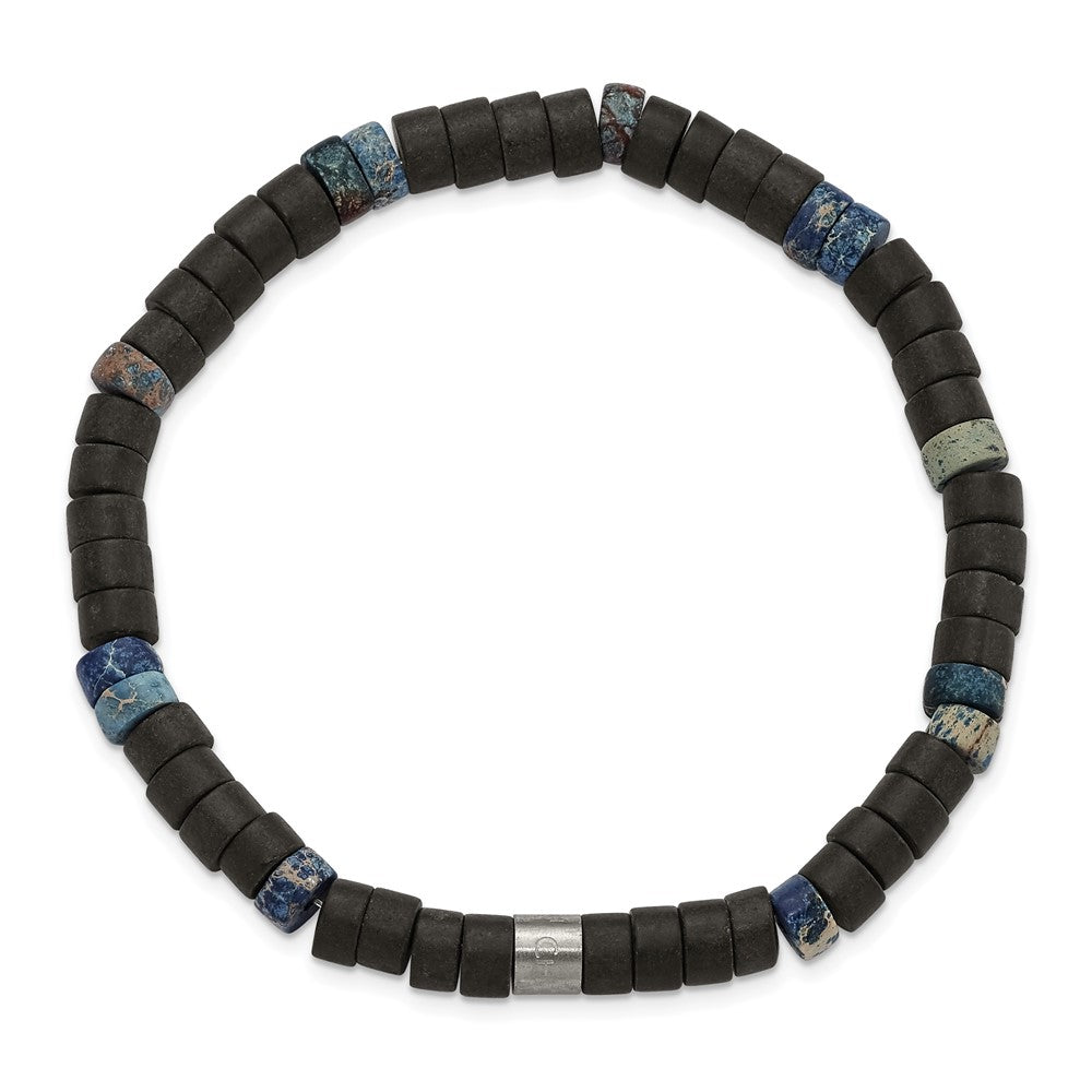 Stainless Steel Brushed Blue Sediment/Black Agate Stretch Bracelet