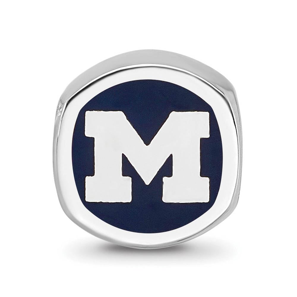 Sterling Silver Rhodium Plated U of Michigan Enamel Cushion Bead Charm