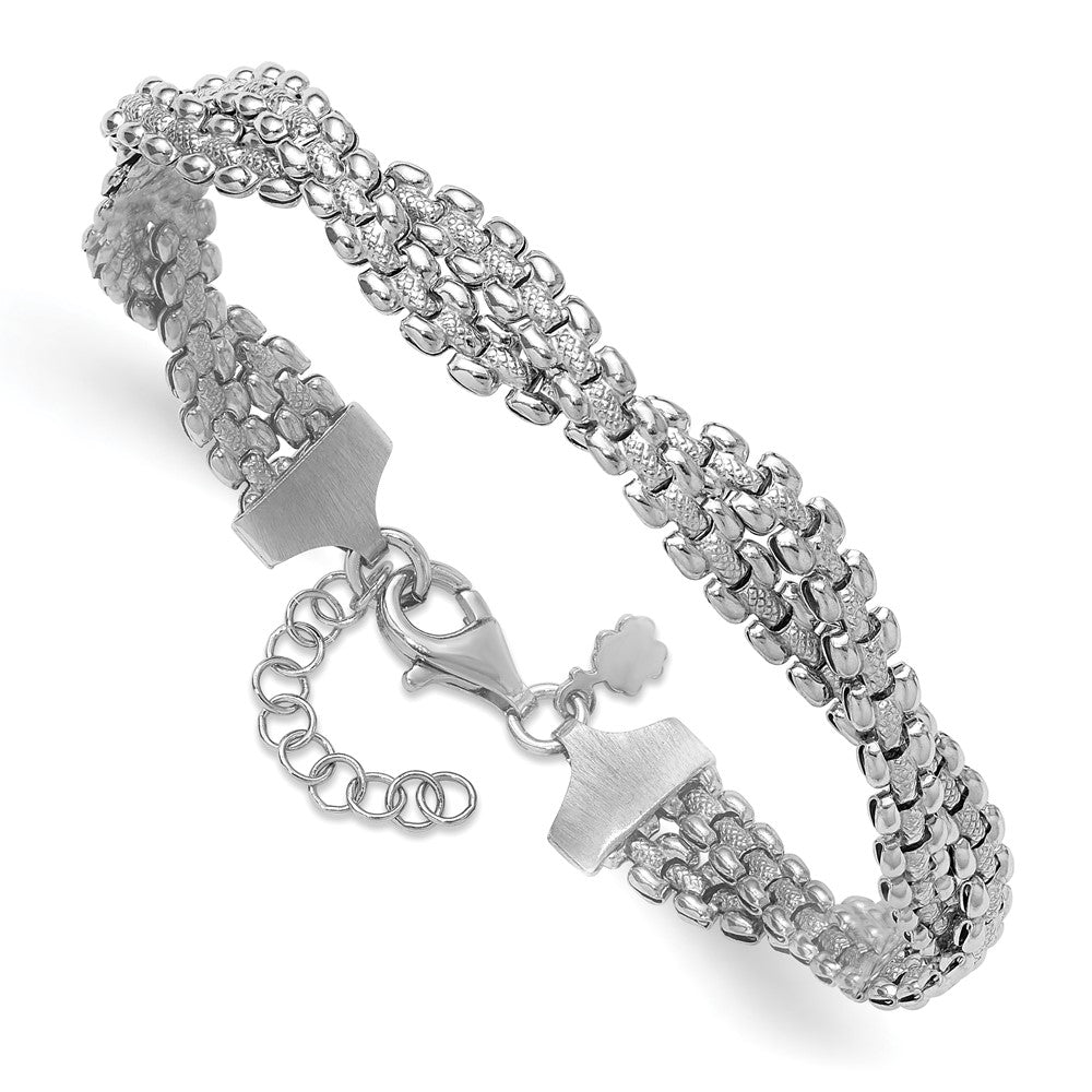 SS RH-plated Polish/Texture Braided w/ 1in ext. Bracelet 8  inches