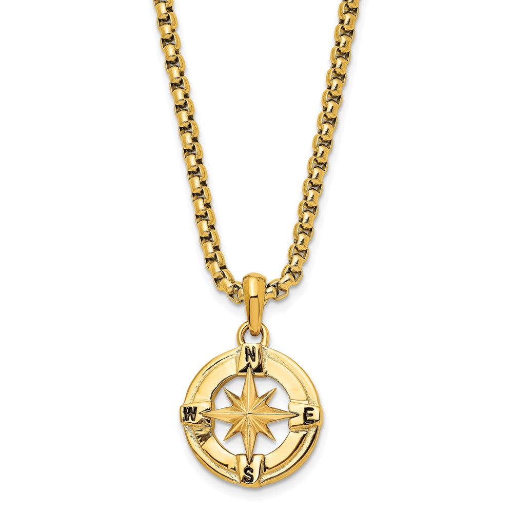 Stainless Steel Polished Yellow IP-plated Compass 22in Necklace
