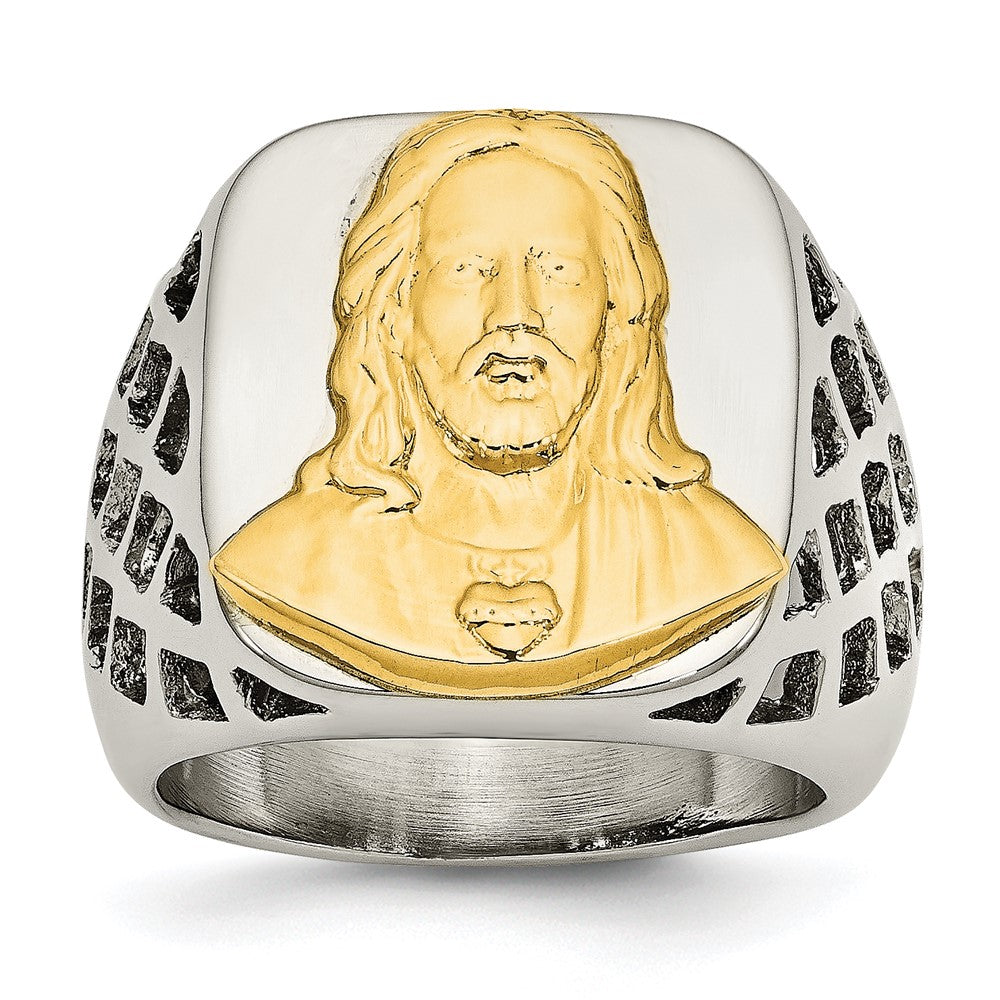Stainless Steel with Sterling Silver Jesus Yellow IP-plated Polished Ring Size - 11