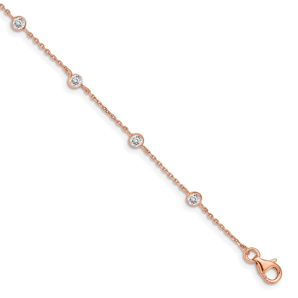 Sterling Silver Rose-tone w/ .75in ext. CZ Heart Bracelet 7 inches