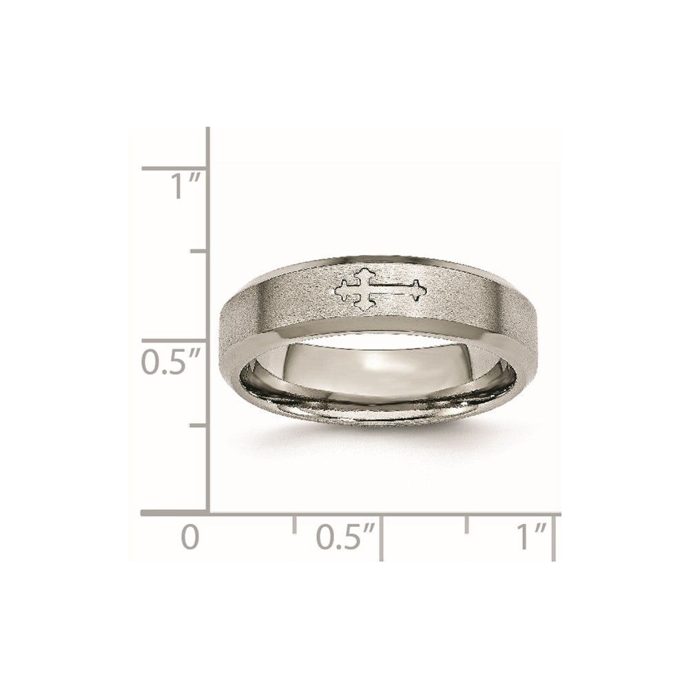 Titanium Brushed Center Cross Design 6mm Beveled Edge Band Size - 6