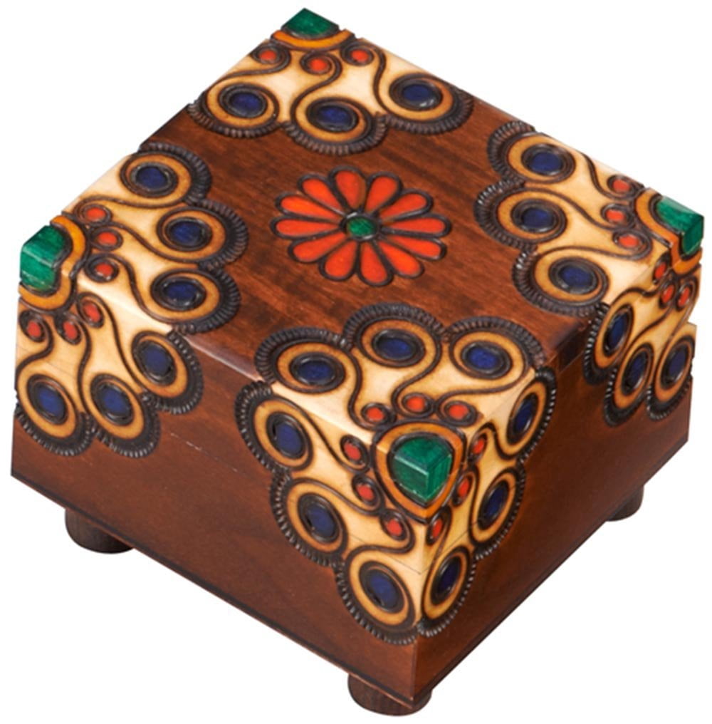 Handcrafted Solid Wood Carved and Painted Floral Secret Puzzle Box QGM16130
