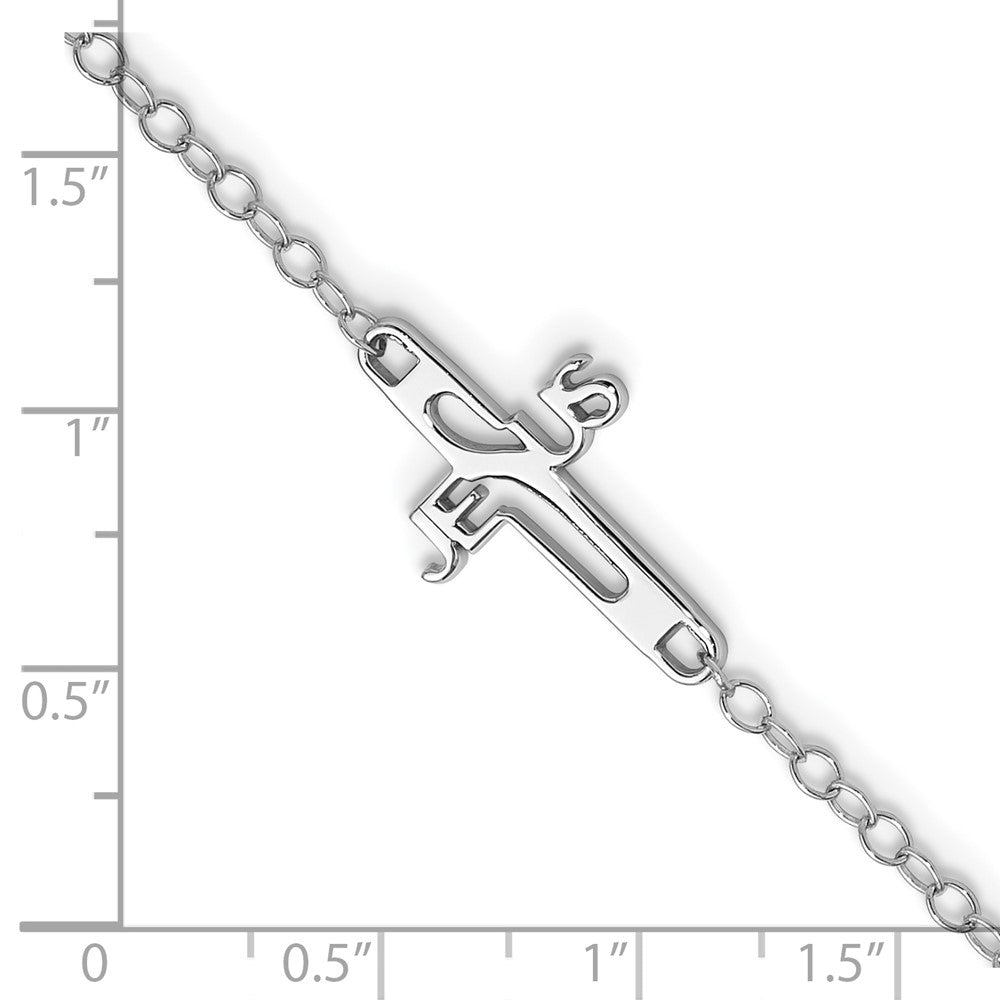 Sterling Silver Rhodium-plated Jesus Cross Anklet 9.5 inches