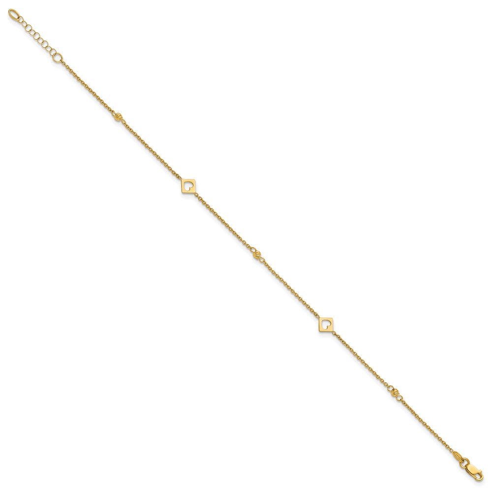 14k Polished Cut-out Hearts and Diamond-cut Beads 9 inch with 1 inch Extender Anklet