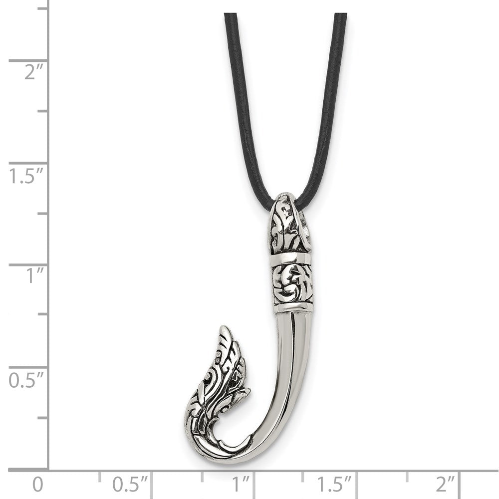 Stainless Steel Antiqued and Polished Hook 20in Leather Necklace